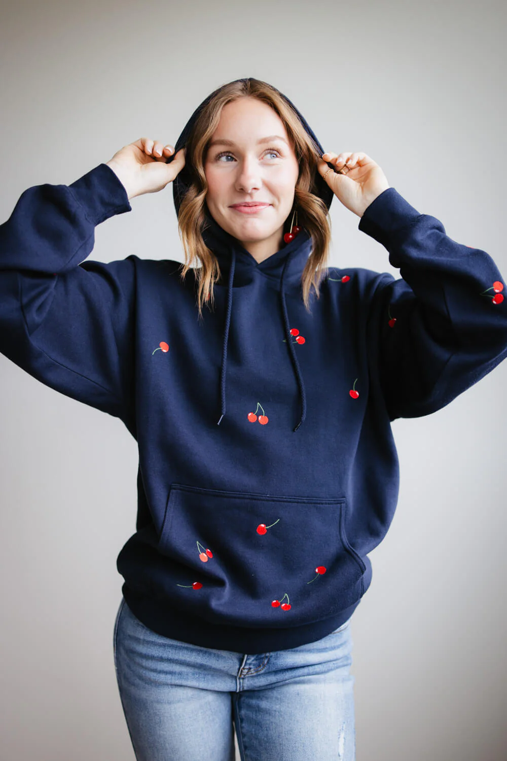 1897 Active Embroidered All Over Print Cherry Hoodie for Women in Navy | JT031-DEEPNAVY