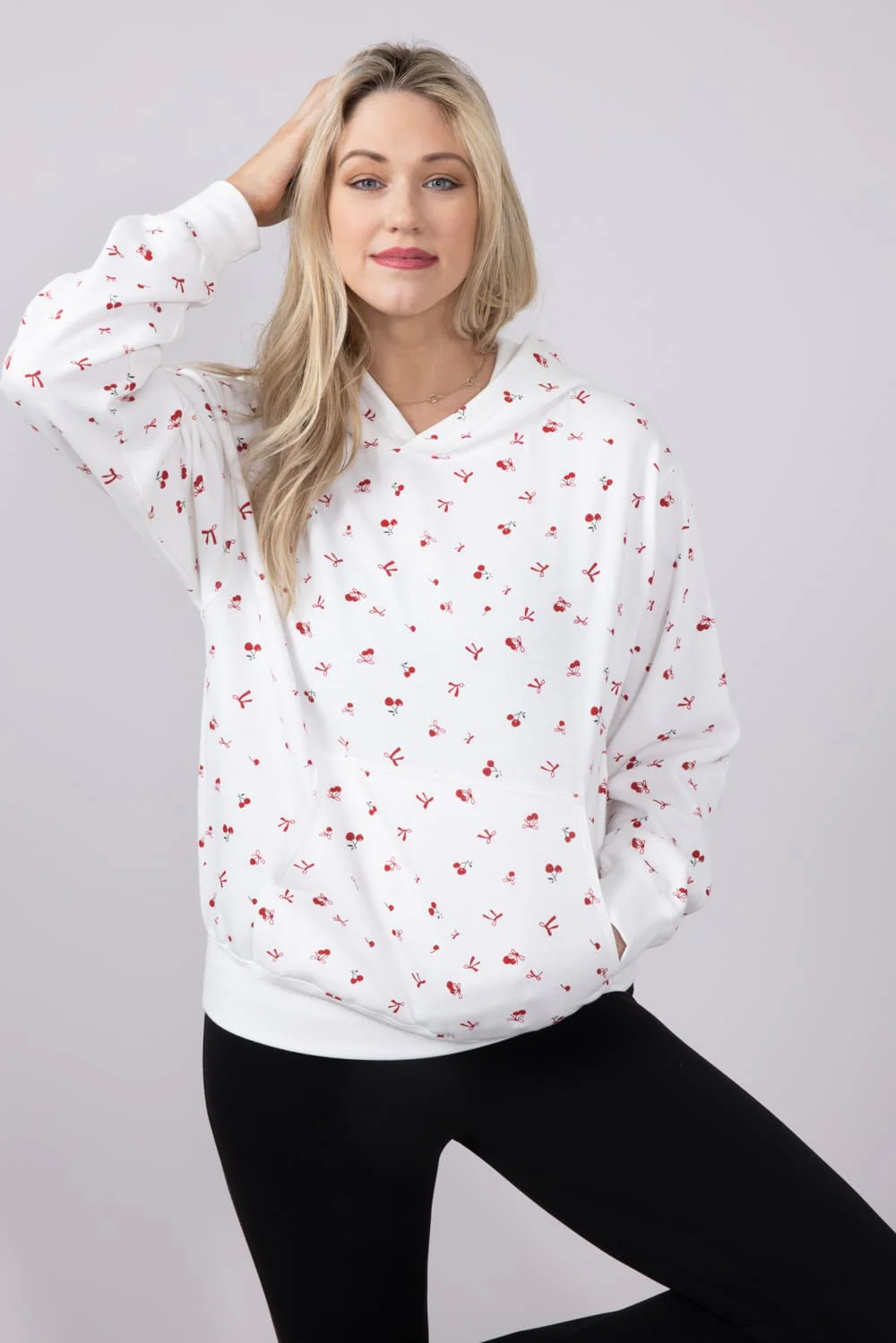 1897 Active All Over Print Cherry & Bows Hoodie for Women in Ivory | GU735-IVORY