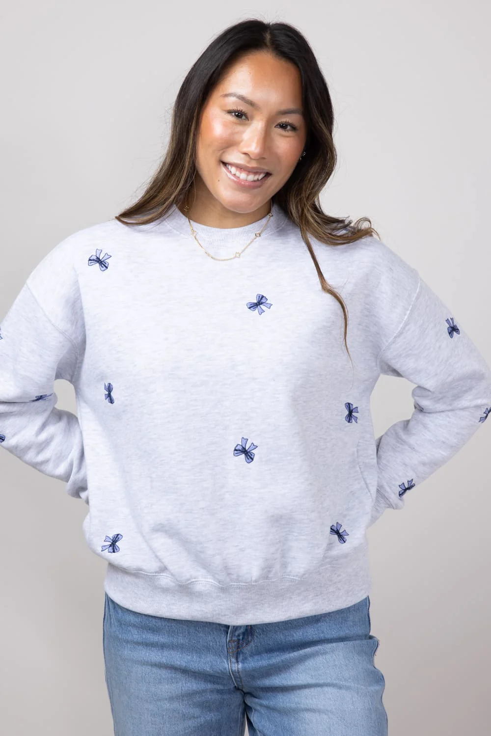 1897 Active Embroidered Bows Fleece Sweatshirt for Women in Ice Grey | T039-ICEGREY