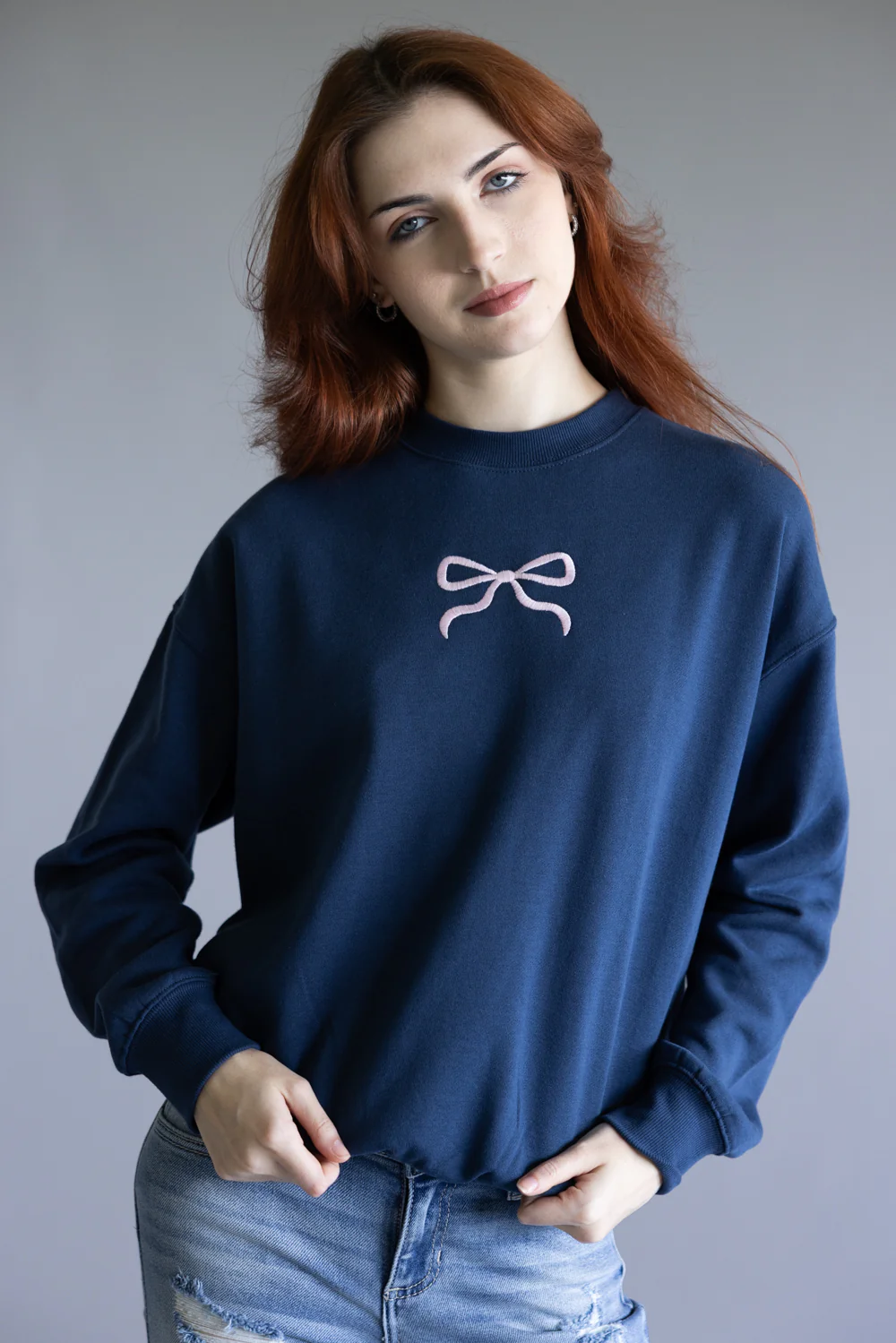 1897 Active Embroidered Center Bow Fleece Sweatshirt for Women in Indigo Blue | T1317-INDIGOBLUE