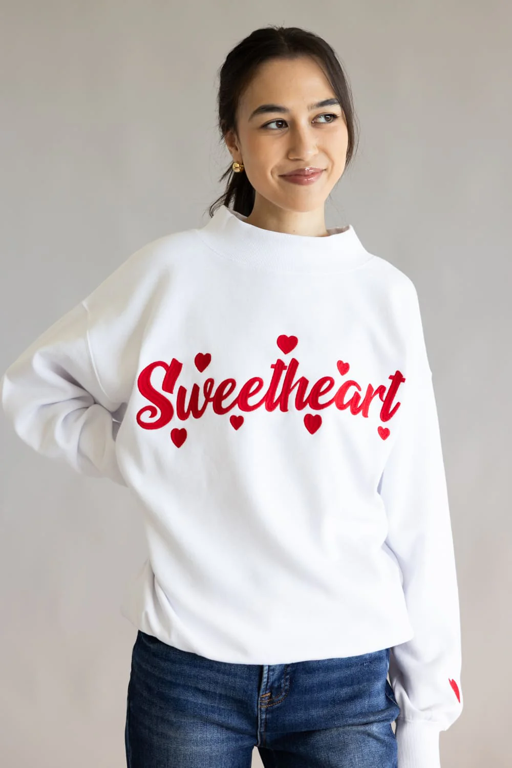1897 Active Sweetheart Embroidered Mock Neck Pullover for Women in White/Red | GT302-WHITE