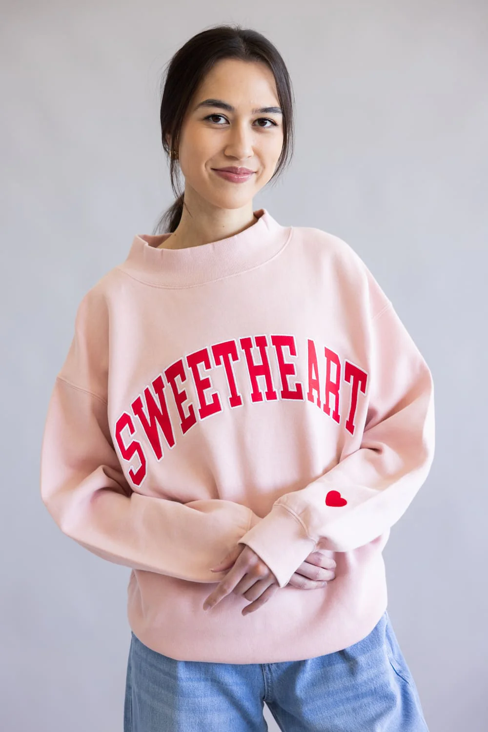 1897 Active Sweetheart Patch Embroidered Mock Neck Sweatshirt for Women in Pink/Red | GT301-PINK