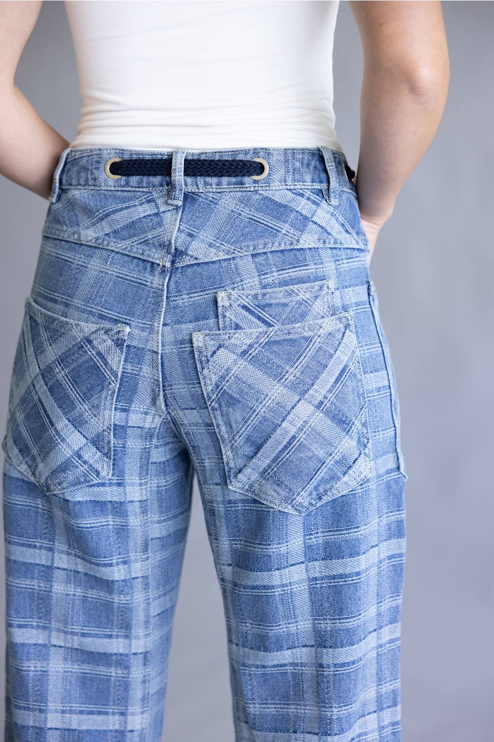 Aaron & Amber Drawstring Plaid Barrel Jeans for Women in Denim | AJP5483-DENIMPLAID - Image 4