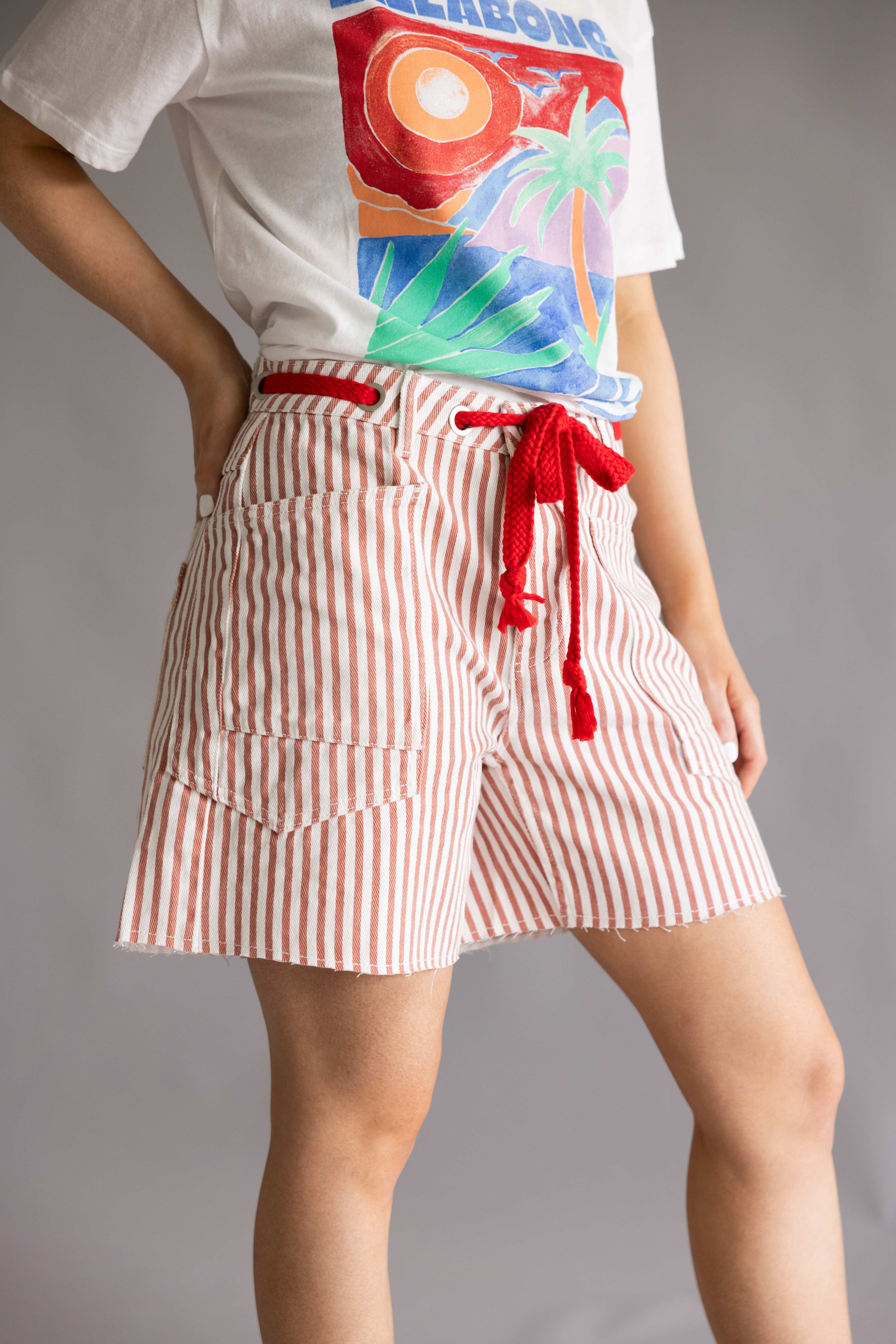 Aaron & Amber Stripe Baggy Denim Shorts for Women in Rust | MAP3104-RUSTSTRIPE - Image 4