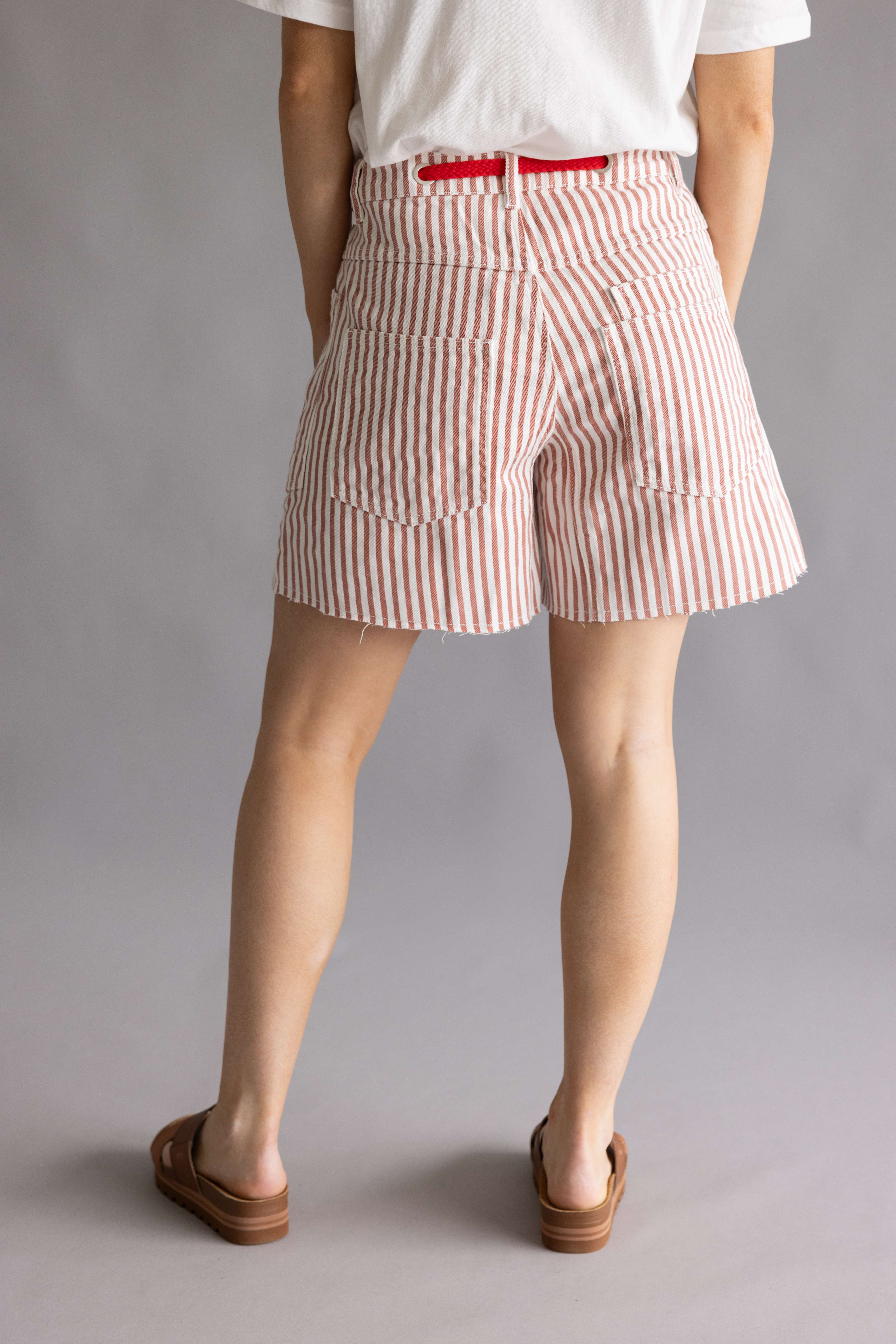 Aaron & Amber Stripe Baggy Denim Shorts for Women in Rust | MAP3104-RUSTSTRIPE - Image 5