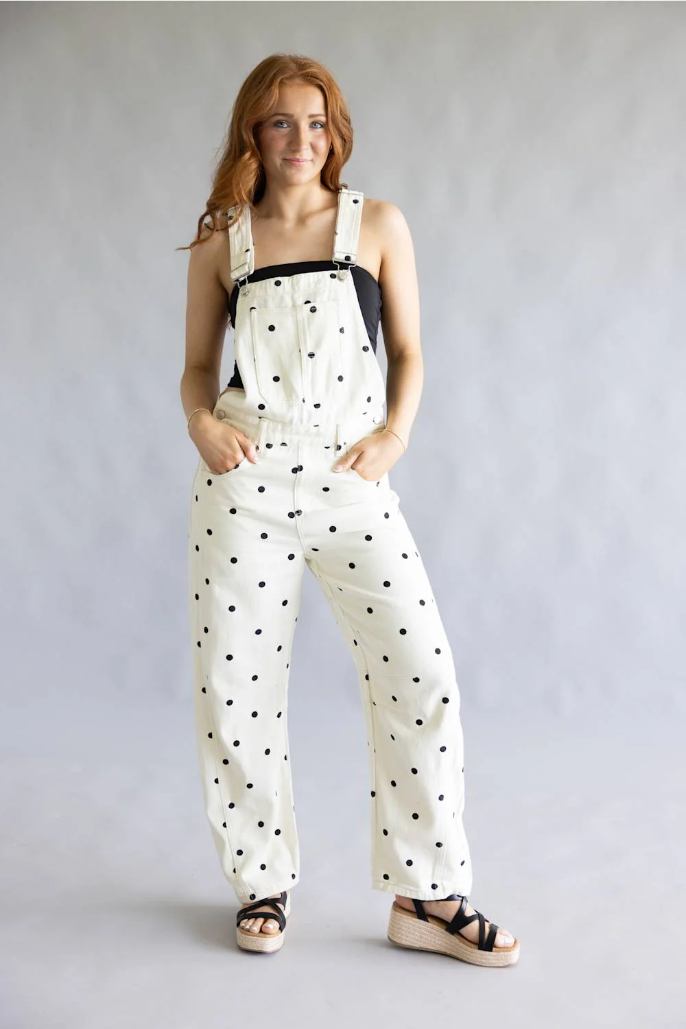 Aaron & Amber Slouchy Denim Overalls for Women in Polka Dot | MAP2994-POLKADOT - Image 3
