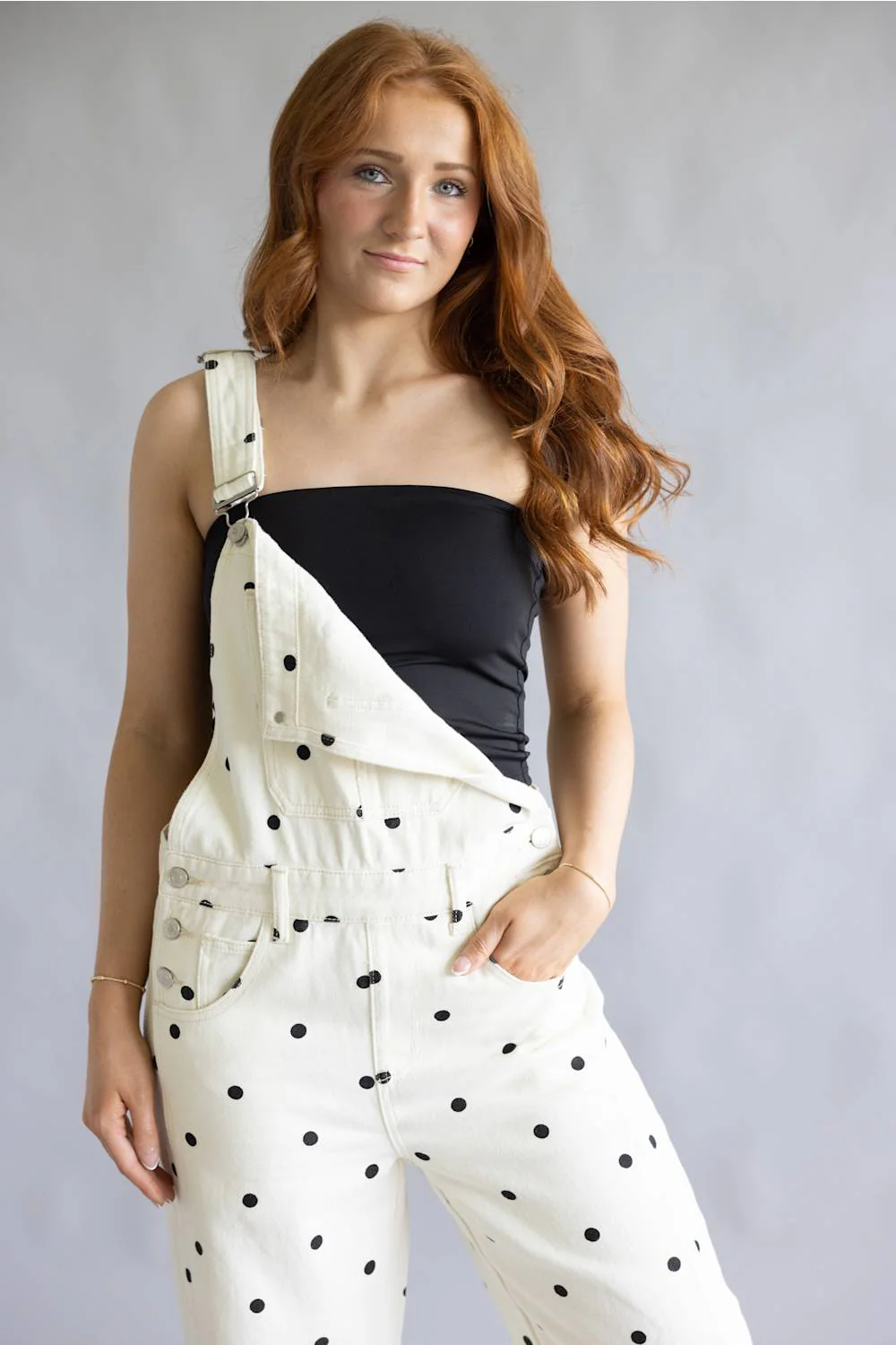 Aaron & Amber Slouchy Denim Overalls for Women in Polka Dot | MAP2994-POLKADOT - Image 4