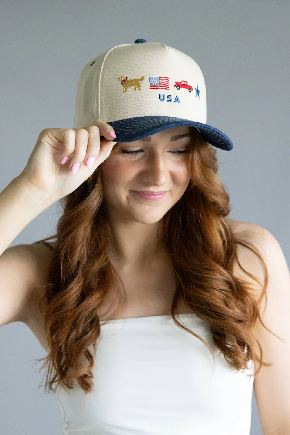 All American Icons Trucker Hat for Women in Tan/Dark Denim | TCM0222-DKDENIM