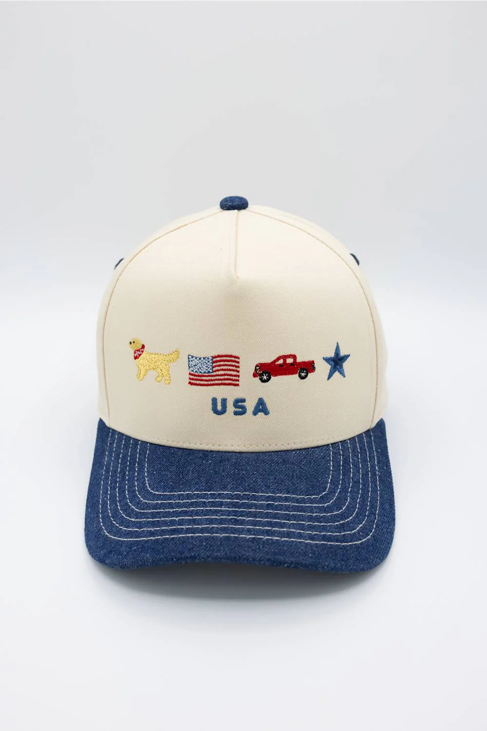 All American Icons Trucker Hat for Women in Tan/Dark Denim | TCM0222-DKDENIM - Image 2
