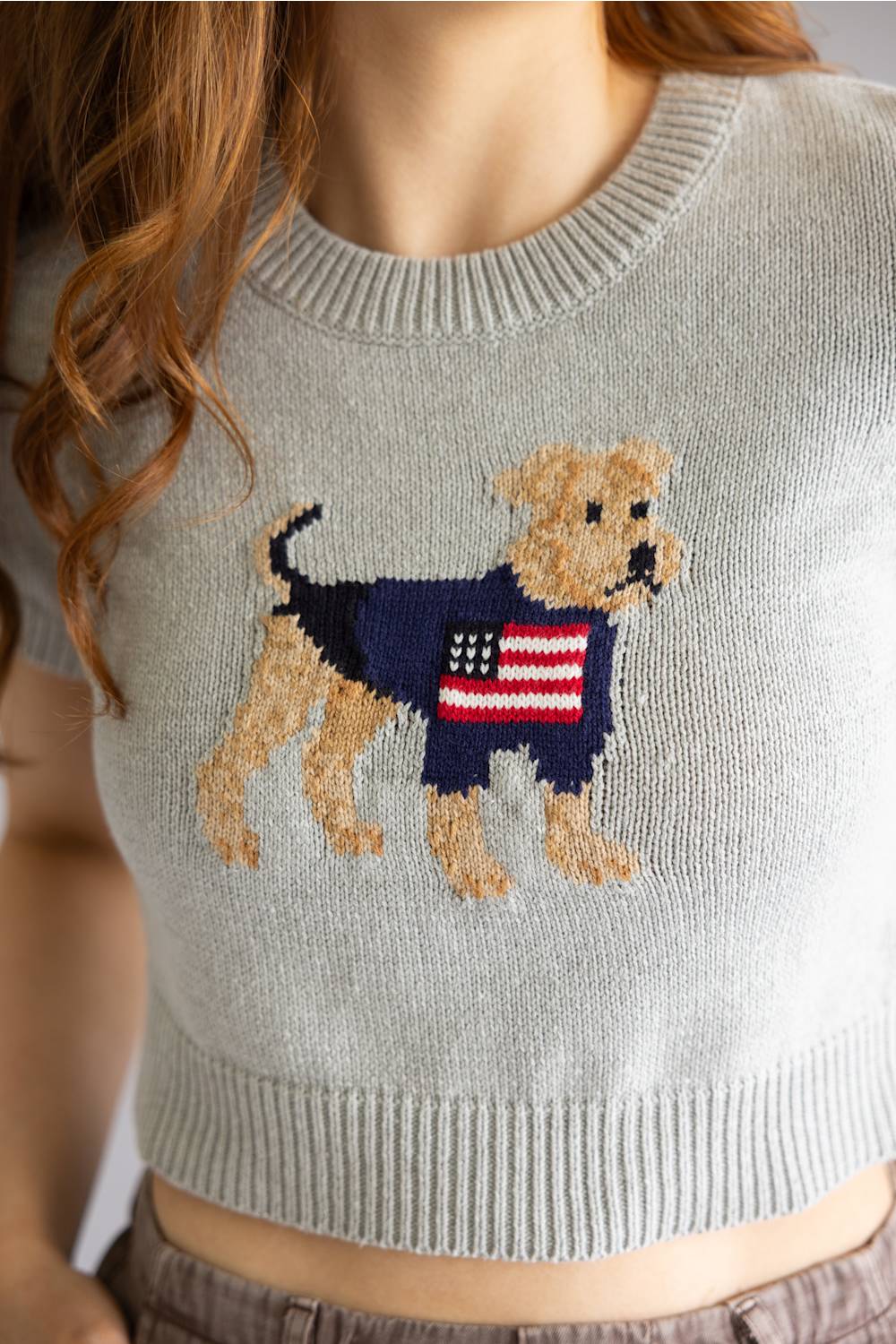Americana Dog Cropped Sweater Top for Women in Heather Grey | IWT6570-1-HGREY - Image 2
