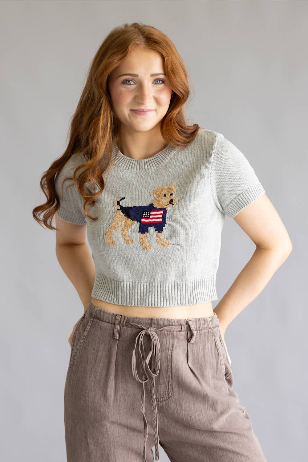 Americana Dog Cropped Sweater Top for Women in Heather Grey | IWT6570-1-HGREY - Image 4