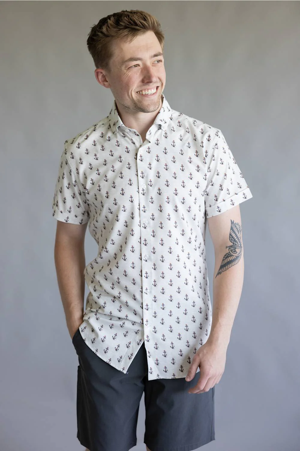 Anchors & Flags Pattern Button Down Shirt for Men in Silver | BB430-SILVER