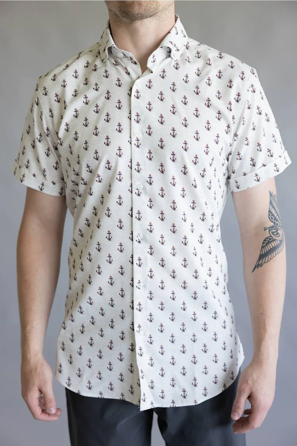 Anchors & Flags Pattern Button Down Shirt for Men in Silver | BB430-SILVER - Image 2