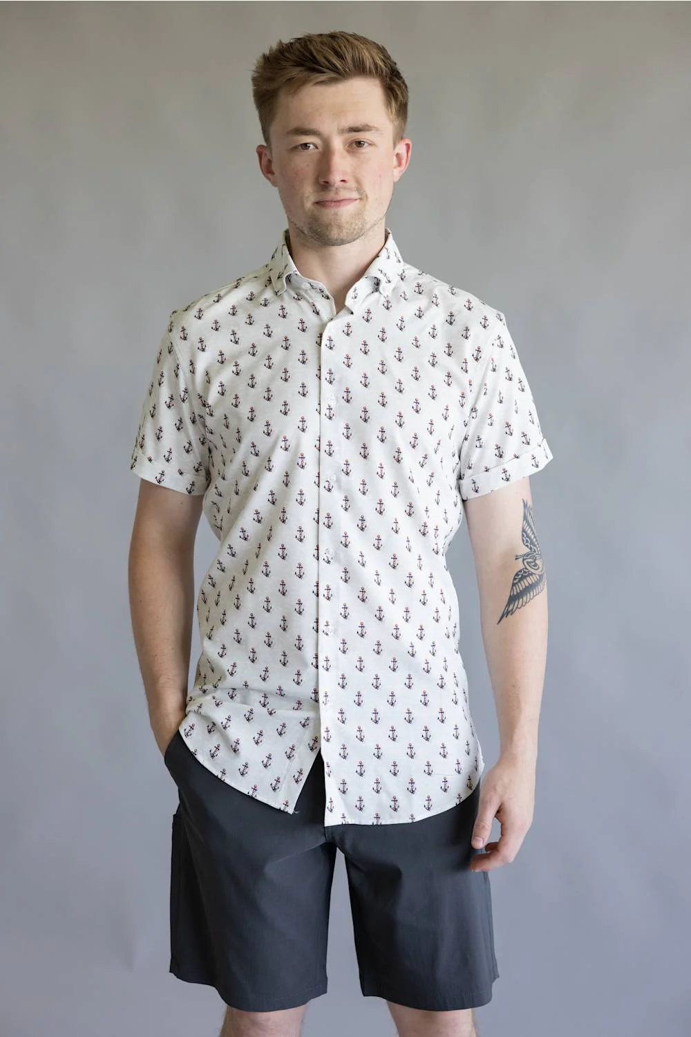Anchors & Flags Pattern Button Down Shirt for Men in Silver | BB430-SILVER - Image 5