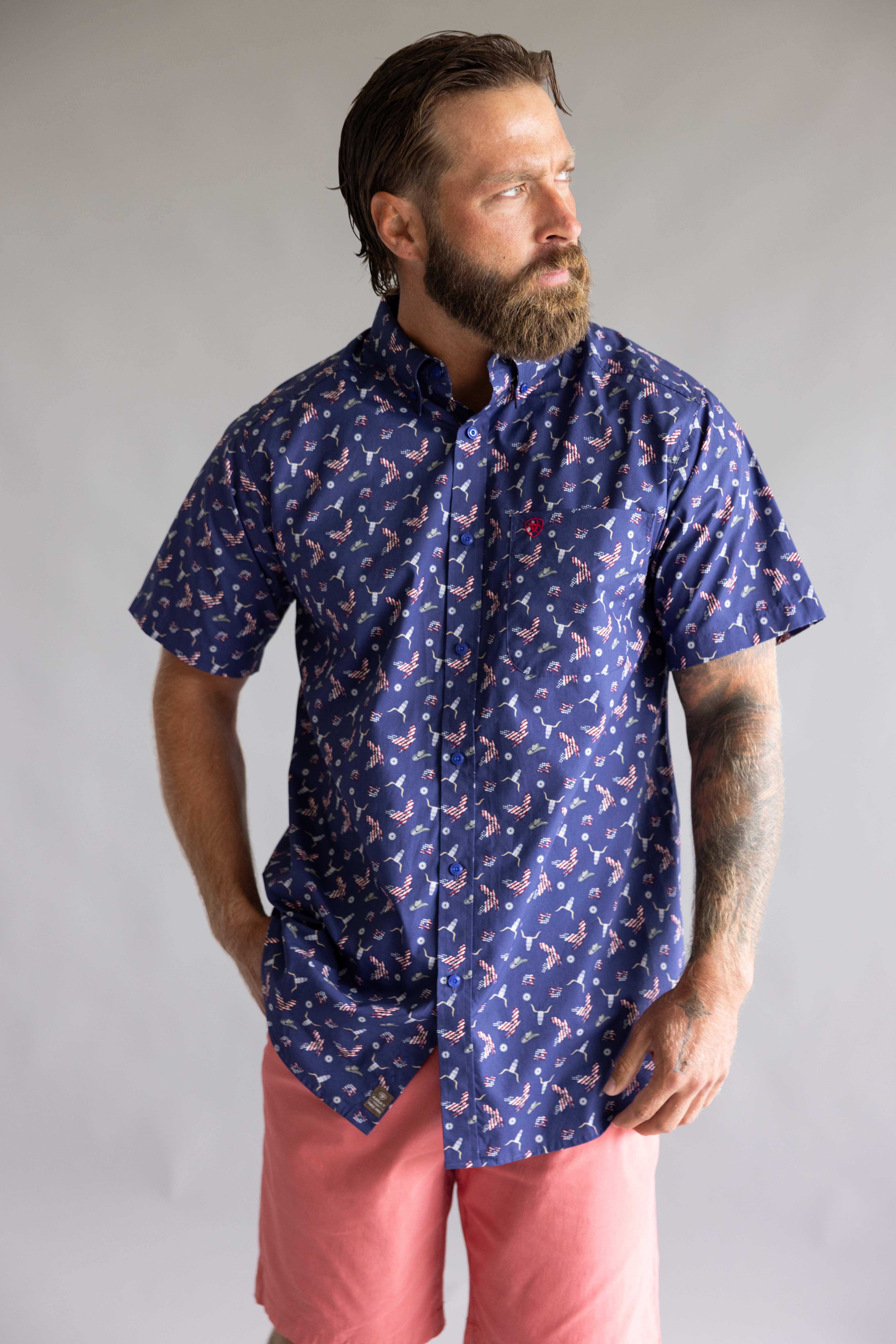 Ariat Berne Fitted Shirt for Men in Blue Americana | 10073534-PATRIOT BLUE AMERICANA PRINT - Image 5