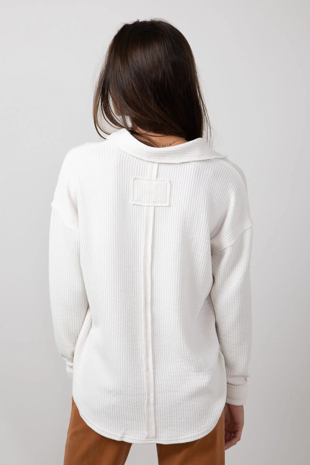 Blu Pepper Ribbed Knit Johnny Collar Polo Shirt for Women in Oatmeal | B3FT1012-OATMEAL - Image 3