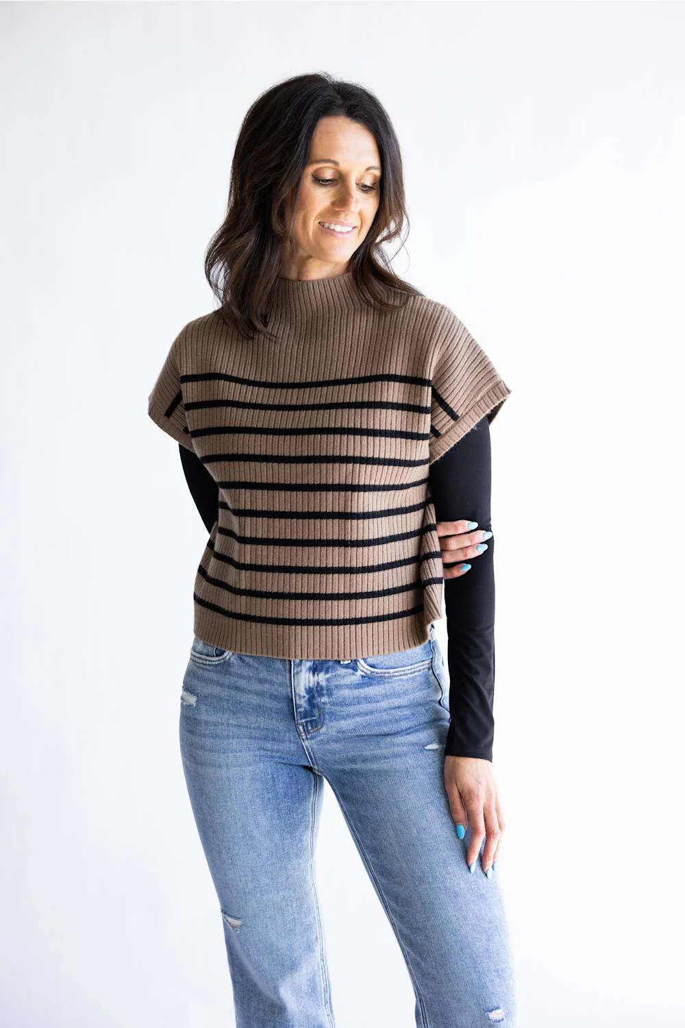 Blu Pepper Striped Mock Neck Sweater for Women in Mocha | B5FT1014-MOCHA - Image 3