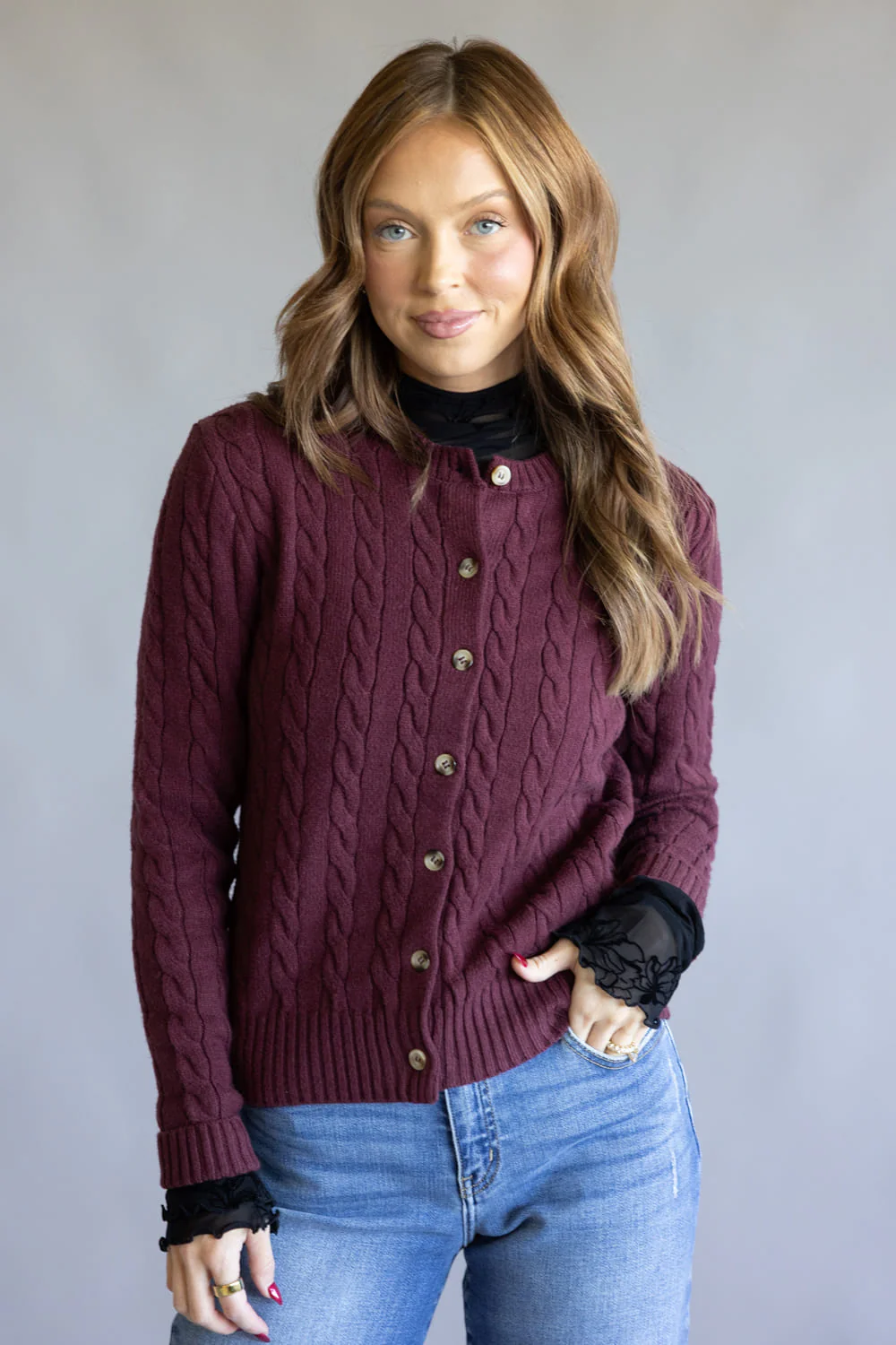 Button Front Cable Cardigan for Women in Port Wine | PF5S45445-PORTWINE