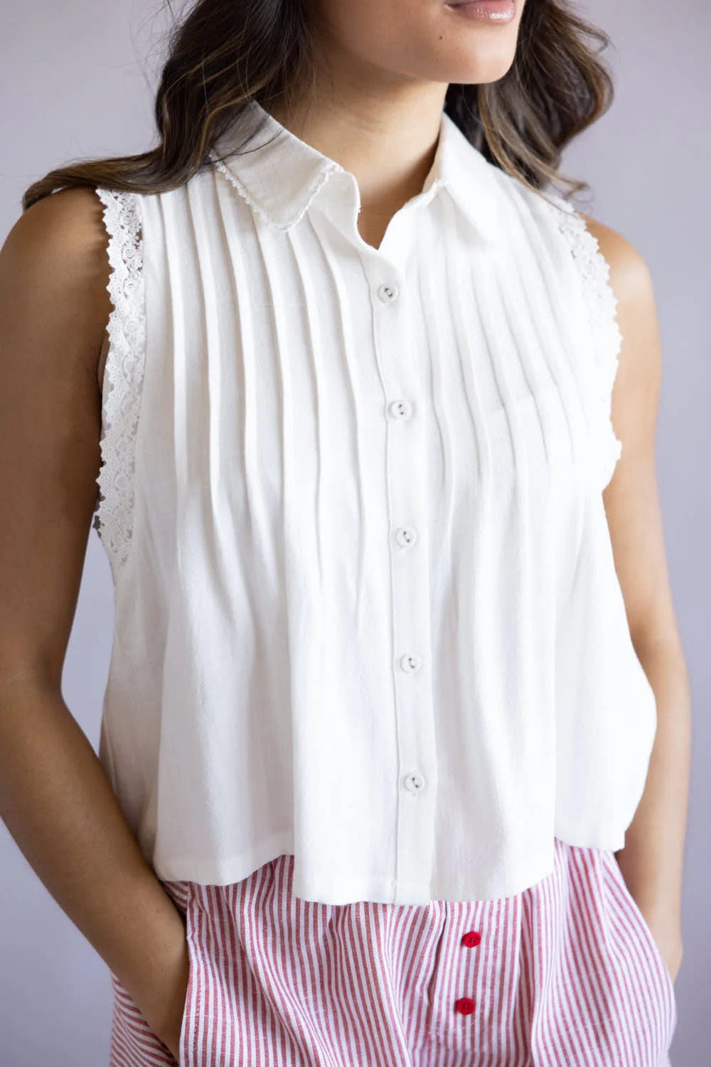 Button Front Pintuck Linen Top for Women in Off White | AT9251-WHT - Image 2