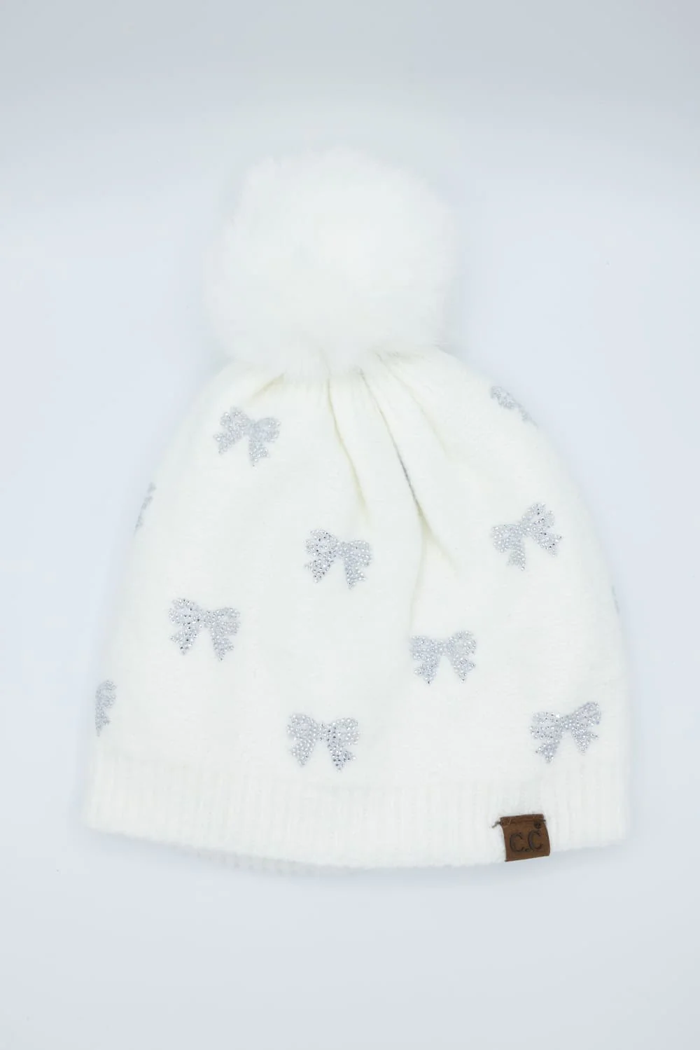 C.C. Bow Rhinestone Pom Beanie for Women in White | HTE0136-IVY