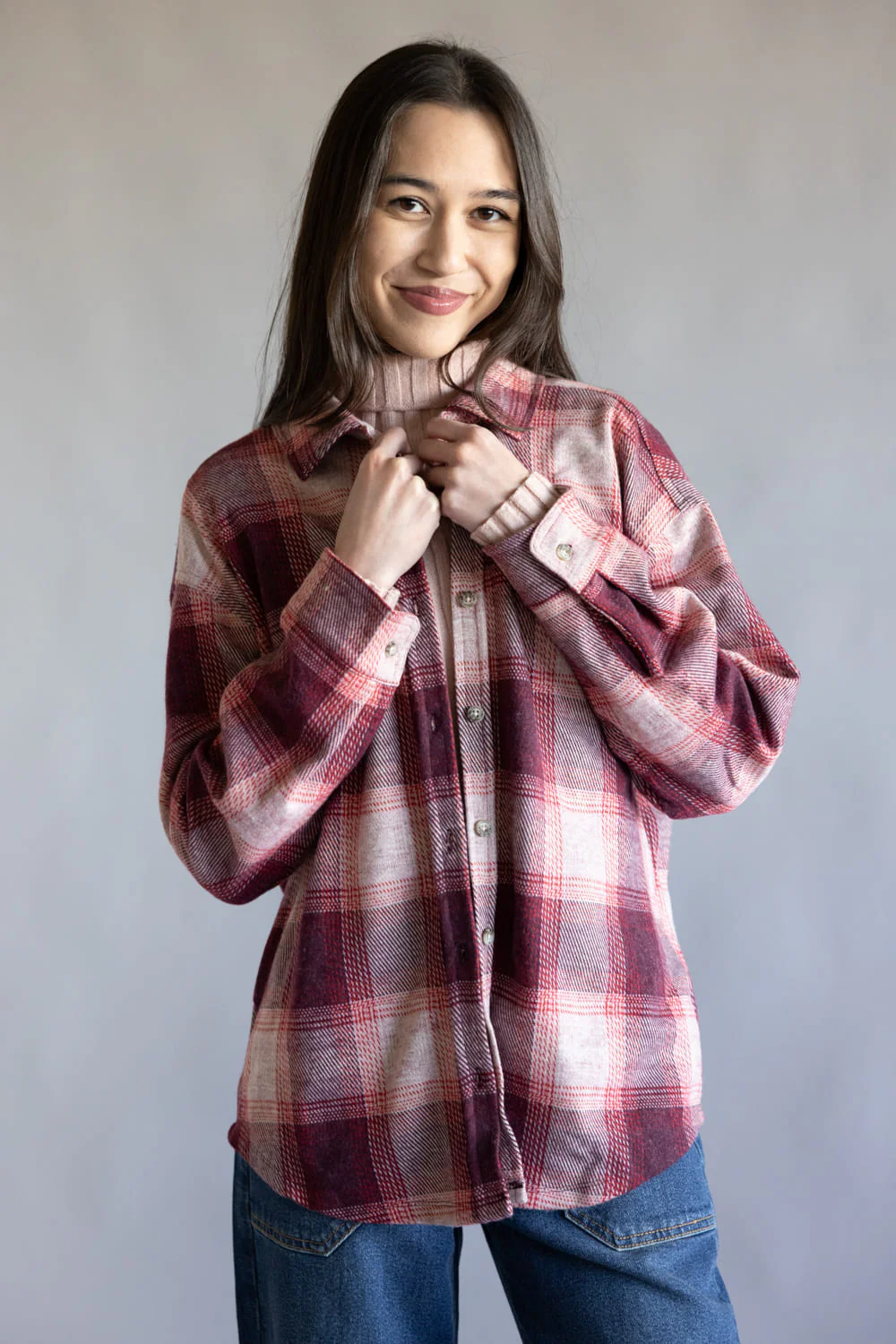 C&C California Kat Oversized Plaid Knit Shirt for Women in Red Plaid | 89B03059-X607-REDPLD