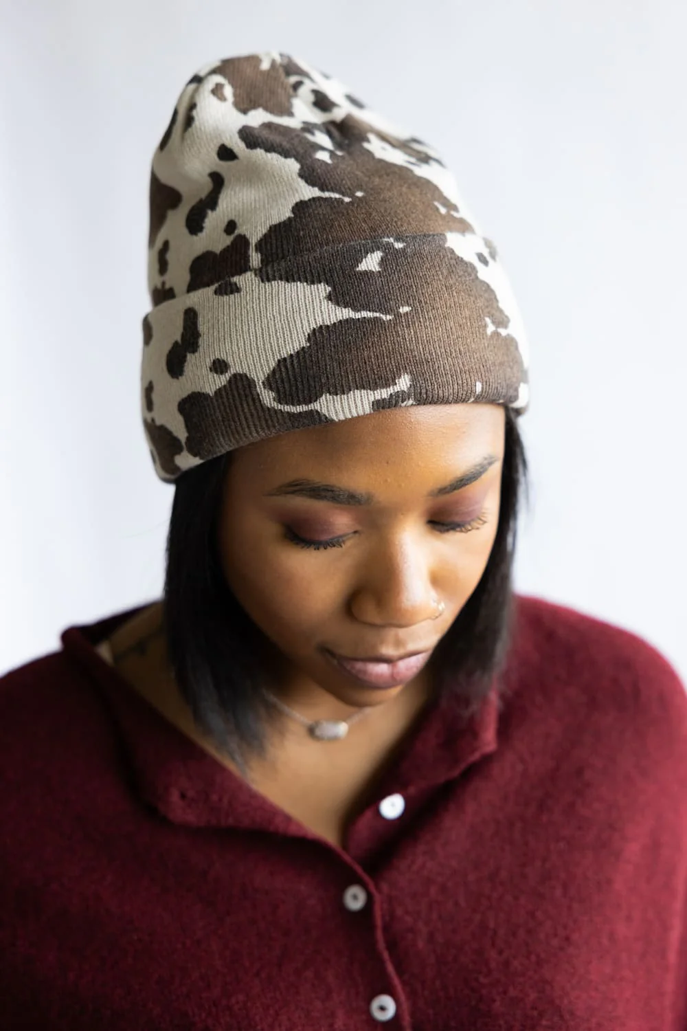 C.C. Cow Pattern Beanie for Women in Brown | HTC0125COW