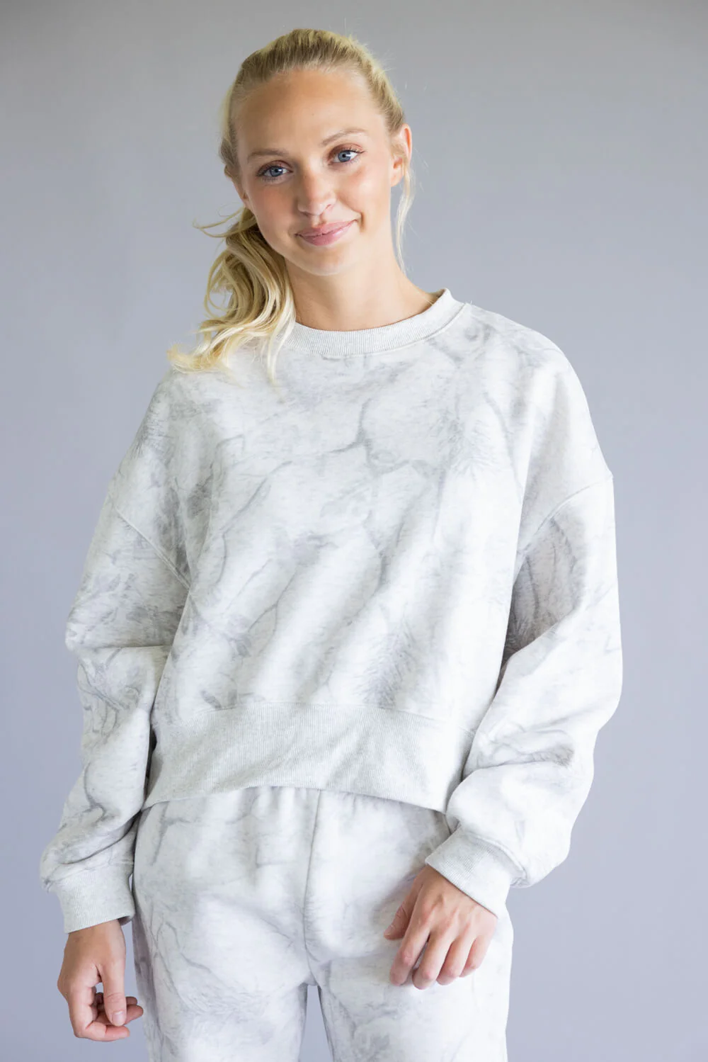 Camo Drop Shoulder Crewneck Fleece Sweatshirt for Women in Grey | CT9245-GREY