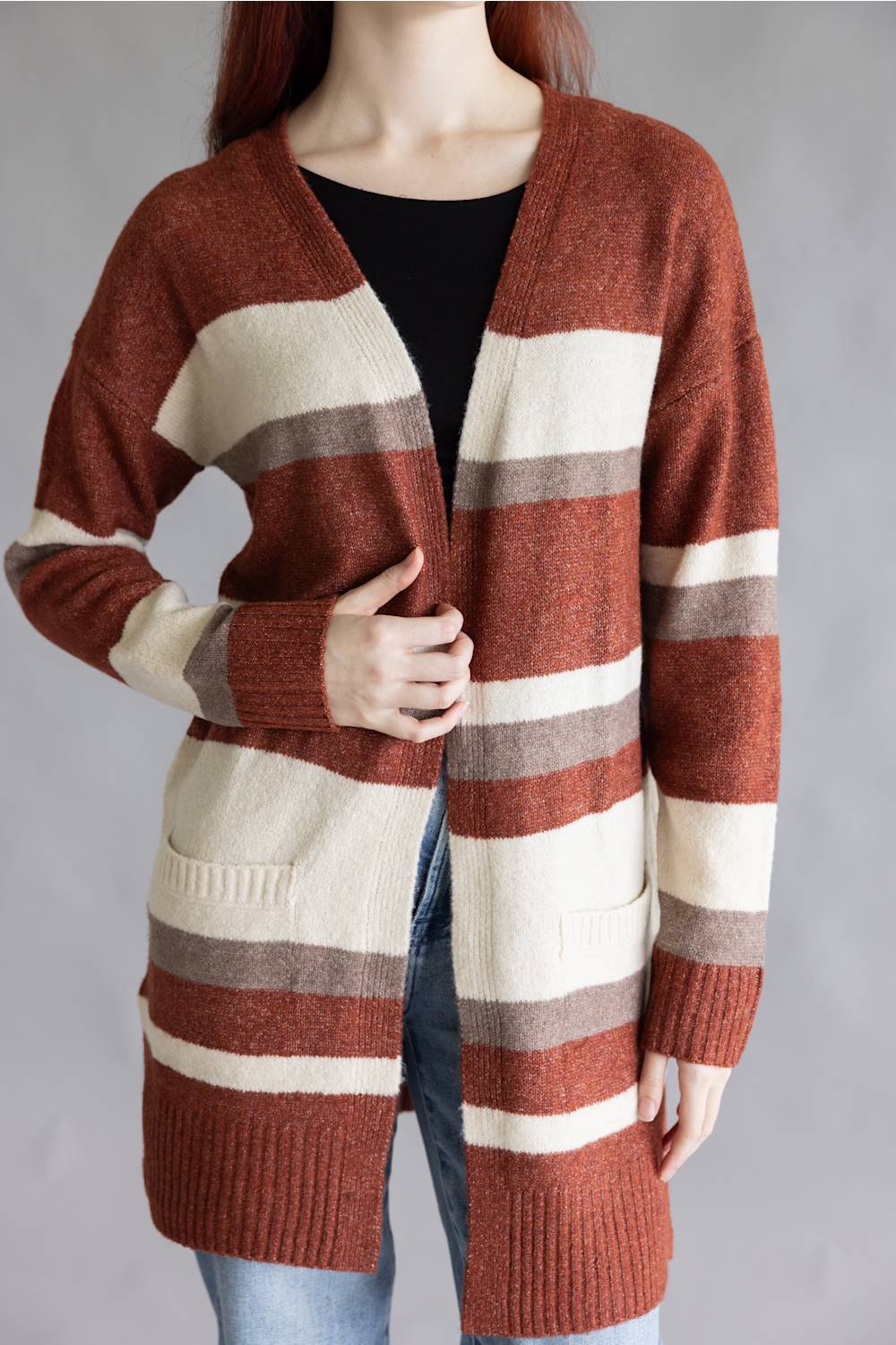 Color Block Striped Cardigan for Women in Wine | LF2S43532-WIN - Image 2