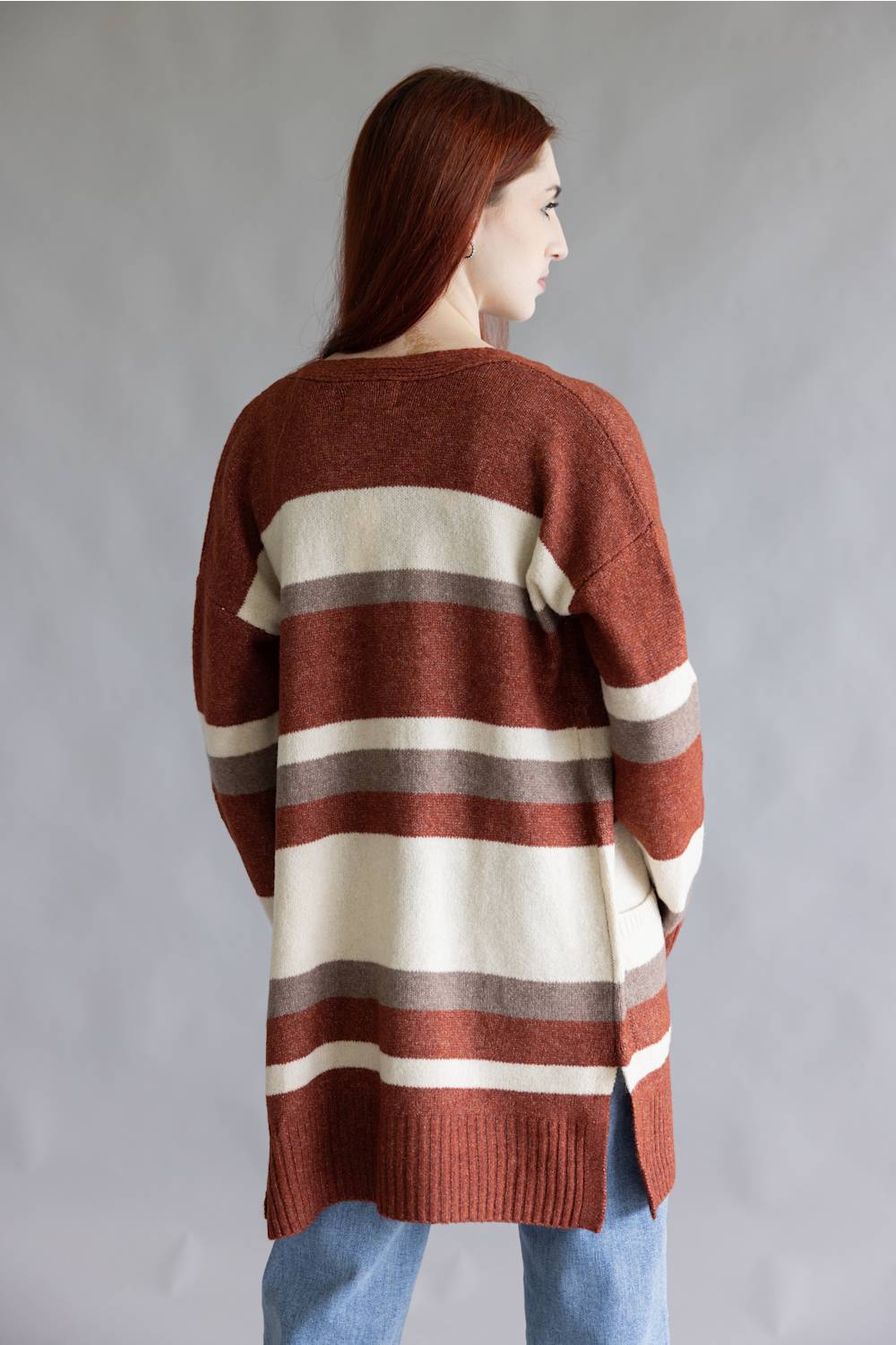 Color Block Striped Cardigan for Women in Wine | LF2S43532-WIN - Image 3