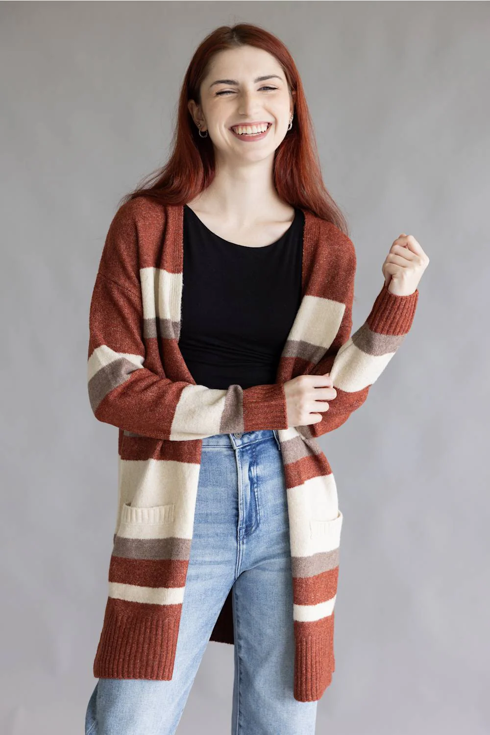Color Block Striped Cardigan for Women in Wine | LF2S43532-WIN - Image 4