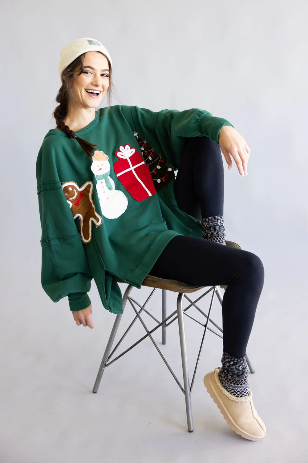 Corduroy Christmas Patchwork Crew Neck for Women in Hunter Green | IFKT65582-06-HUNTERGREEN