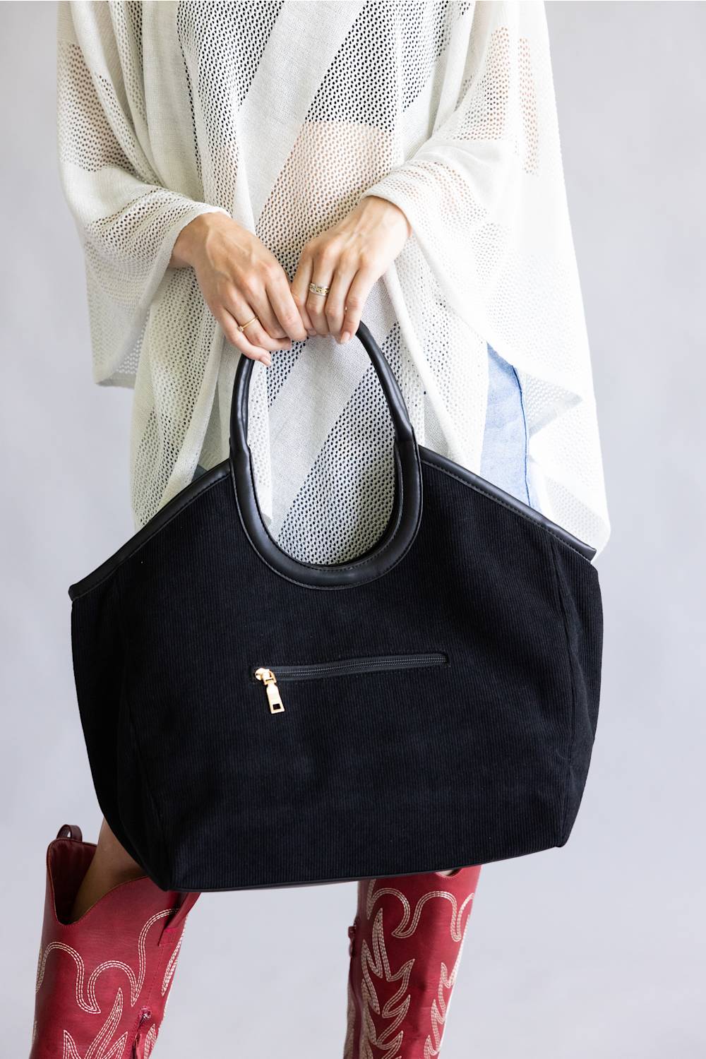 Corduroy Hobo Bag for Women in Black | M2738-BK - Image 3