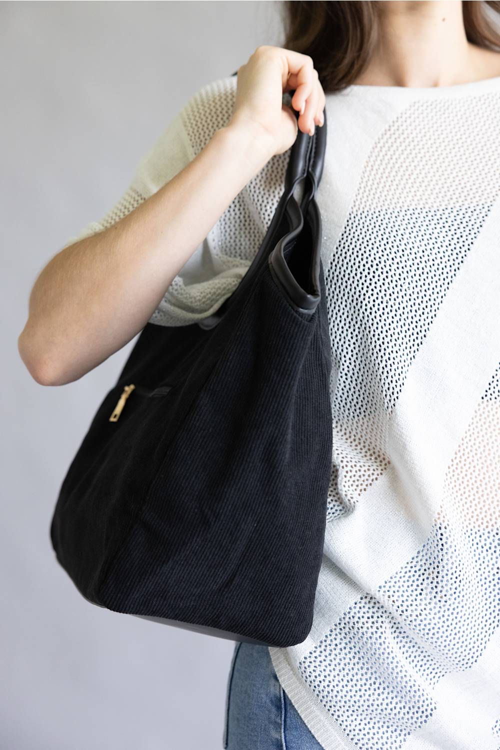 Corduroy Hobo Bag for Women in Black | M2738-BK - Image 4