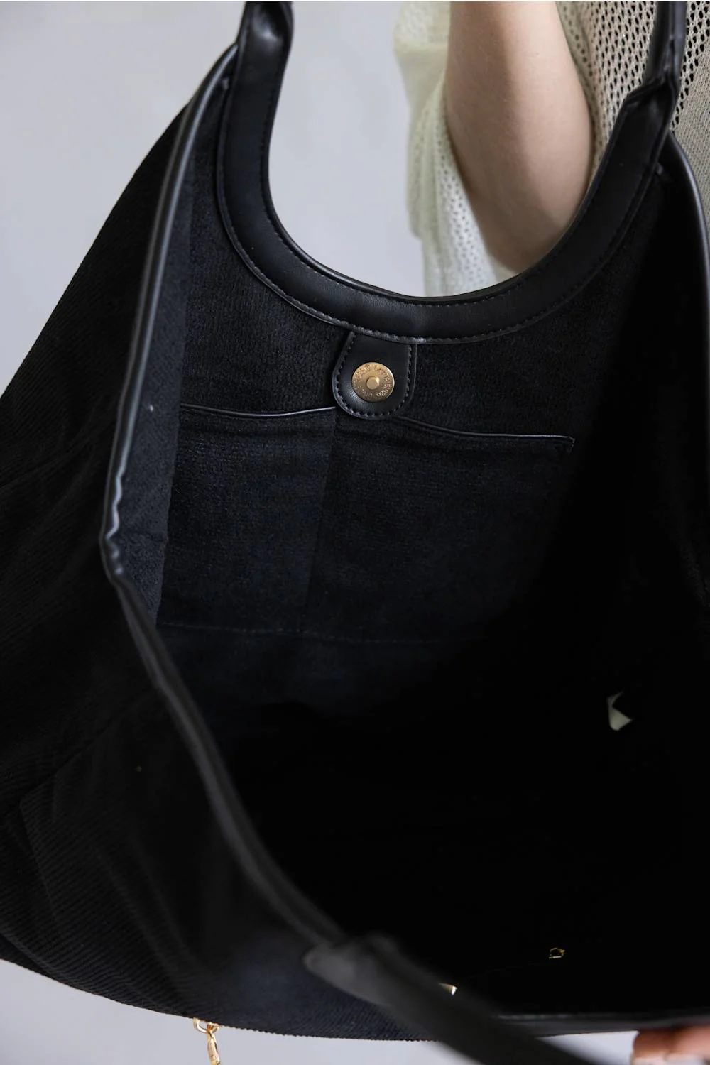 Corduroy Hobo Bag for Women in Black | M2738-BK - Image 5