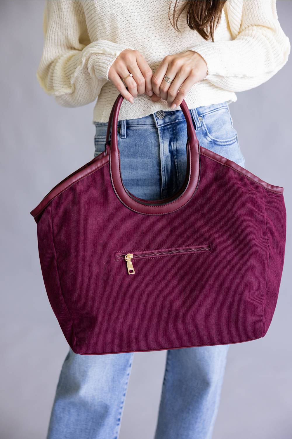 Corduroy Hobo Bag for Women in Cherry | M2738-CHERRY - Image 2