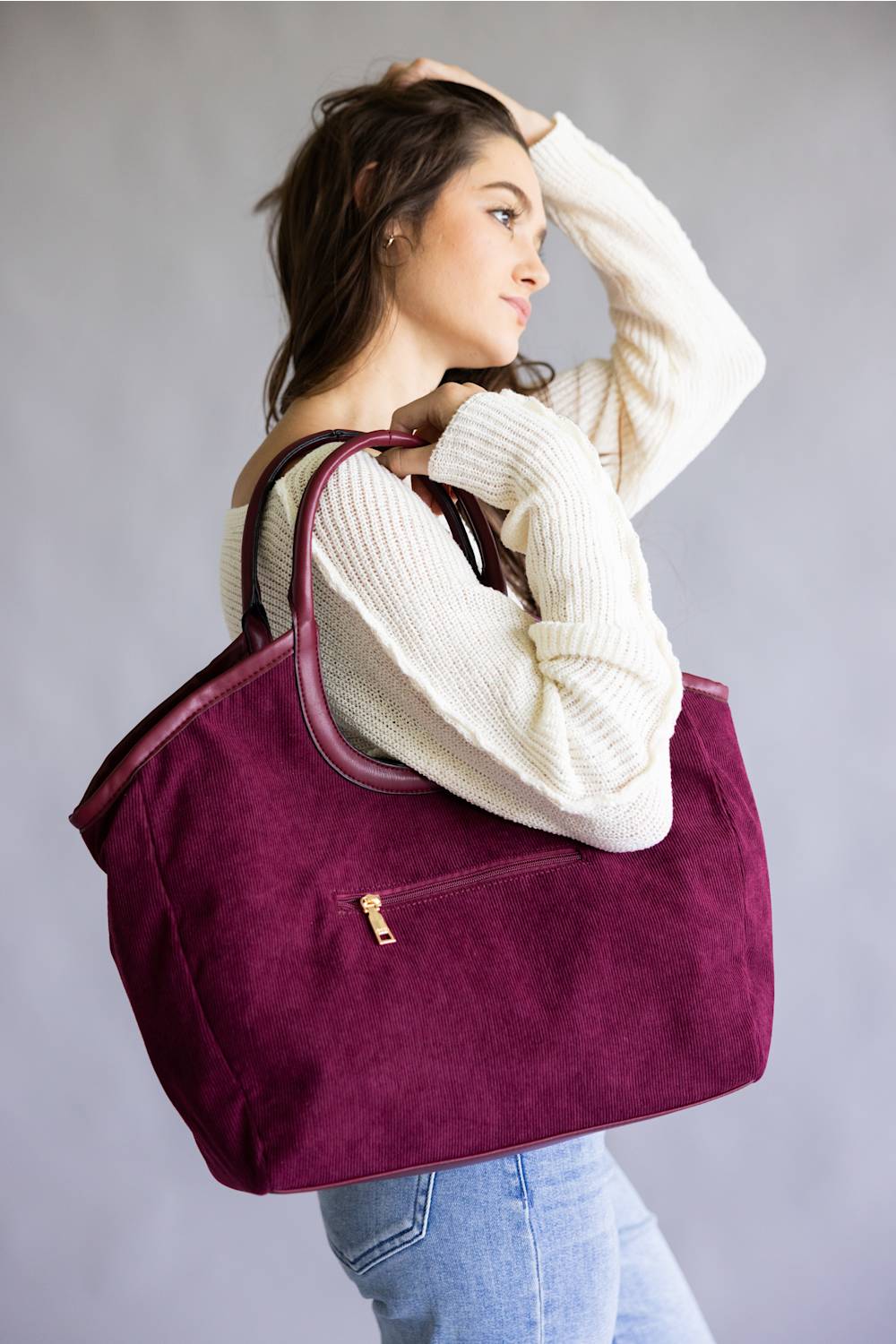 Corduroy Hobo Bag for Women in Cherry | M2738-CHERRY - Image 3