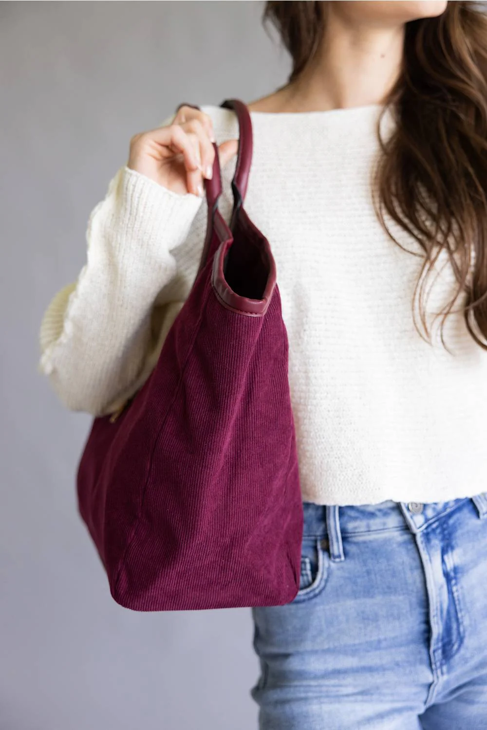 Corduroy Hobo Bag for Women in Cherry | M2738-CHERRY - Image 5