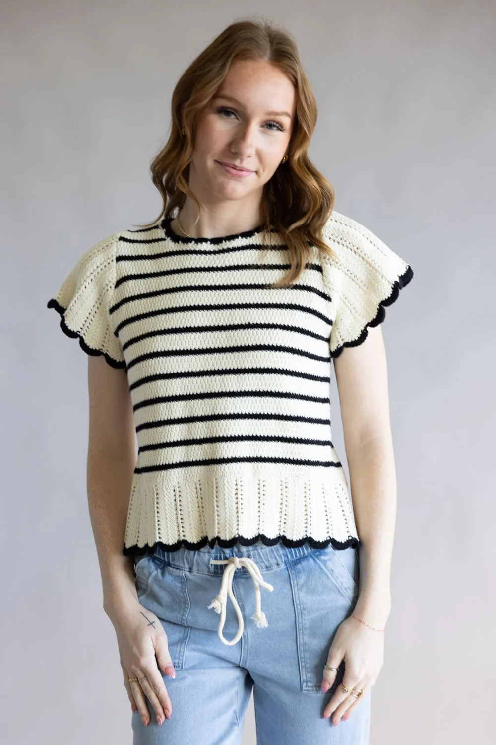 Crochet Striped Flutter Sleeve Sweater for Women in Natural/Black | MAS3129-NATURALBLACK
