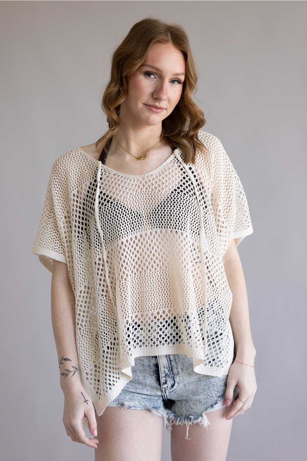 Crochet Tie Poncho Top for Women in Beige | WLPS087-BEIGE
