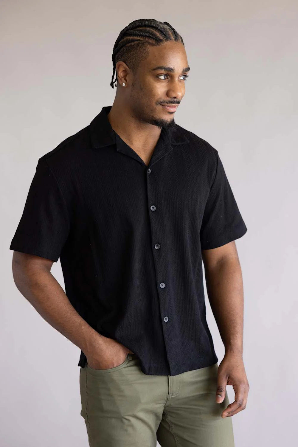 Denim & Flower Stripe Textured Button Up Shirt for Men in Black | KWS-D420-BLACK