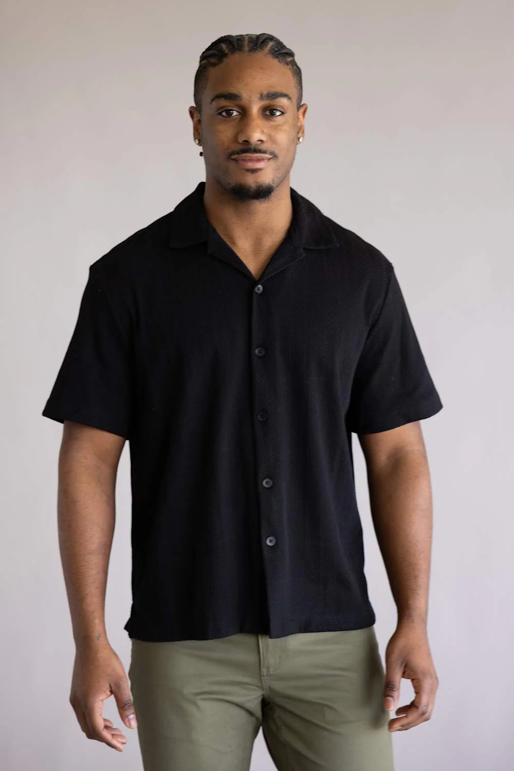 Denim & Flower Stripe Textured Button Up Shirt for Men in Black | KWS-D420-BLACK - Image 2