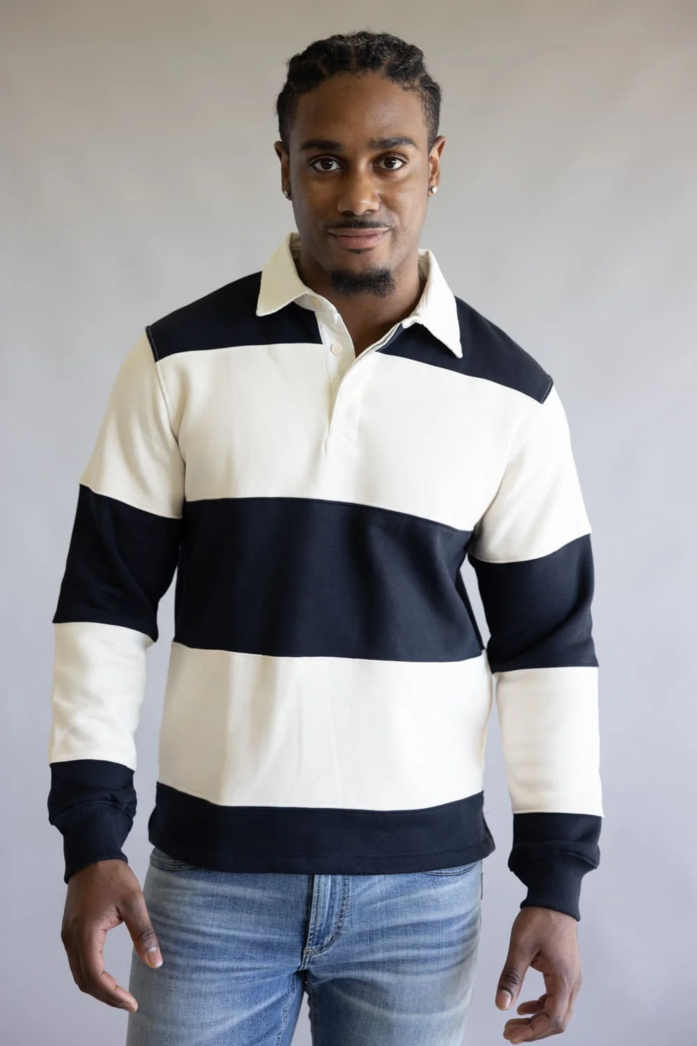Denim & Flower Stripe Polo Fleece for Men in Cream/Navy | CSWS-C658