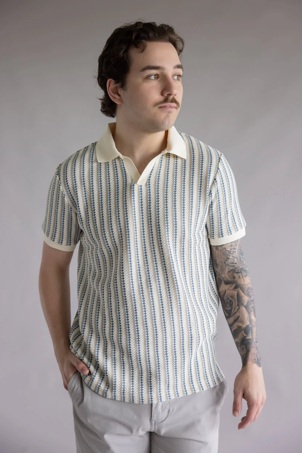 Denim & Flower Striped Crochet Knit Sweater Polo for Men