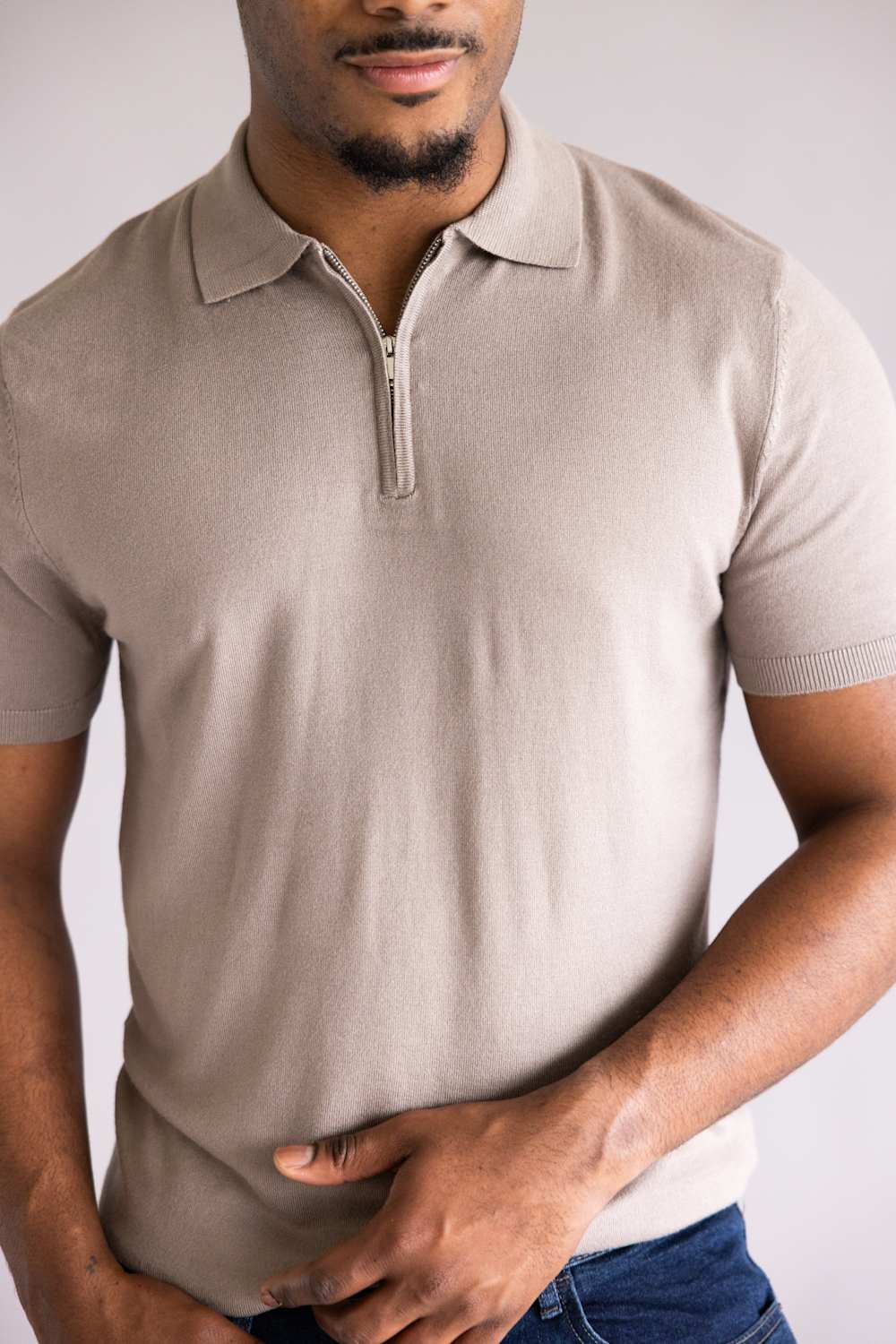 Denim & Flower Zip Sweater Polo for Men in Taupe | STPPA-358-TAUPE - Image 2