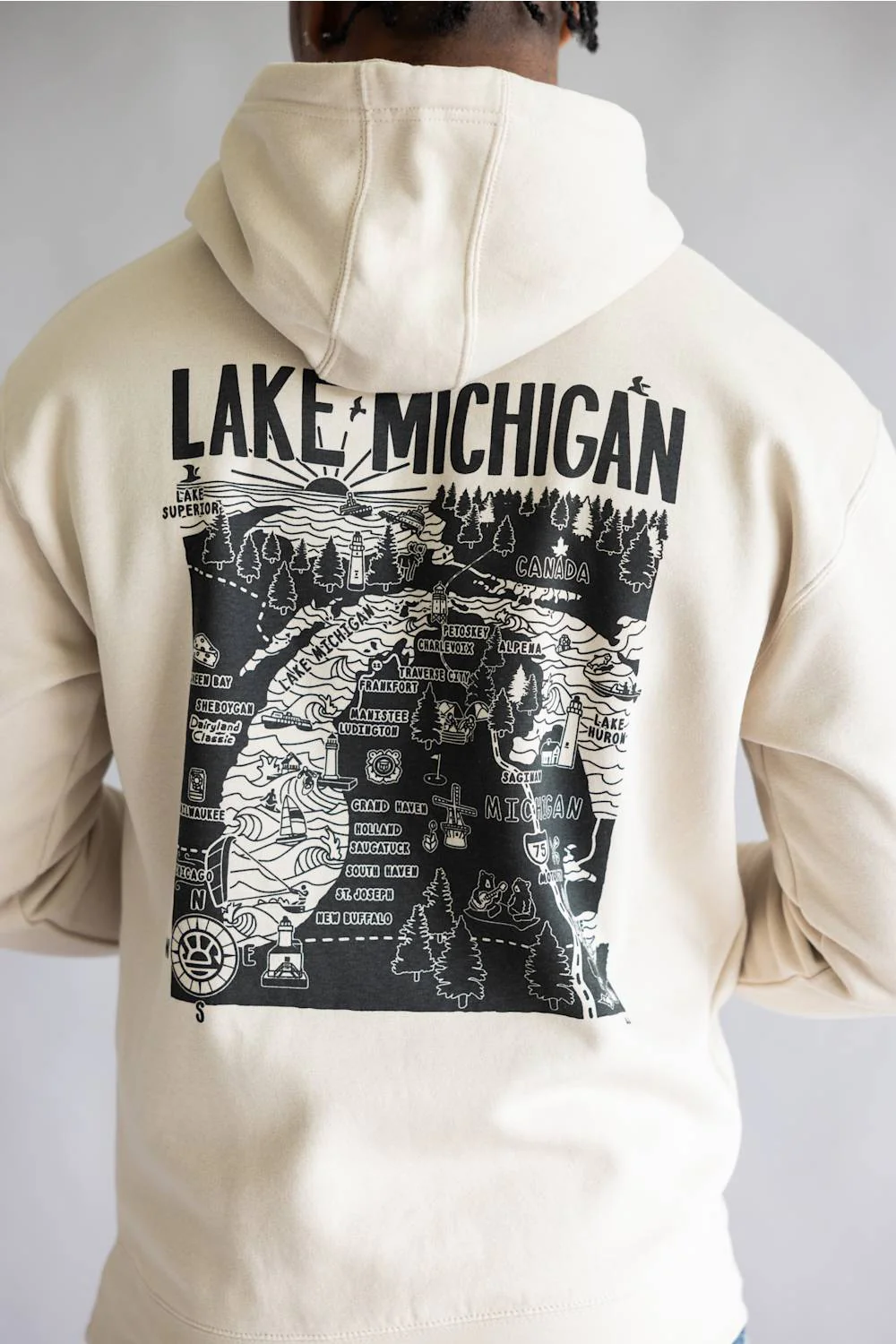 Distant Local Michigan Great Lakes Map Hoodie in Bone | 2580-BONE-MI