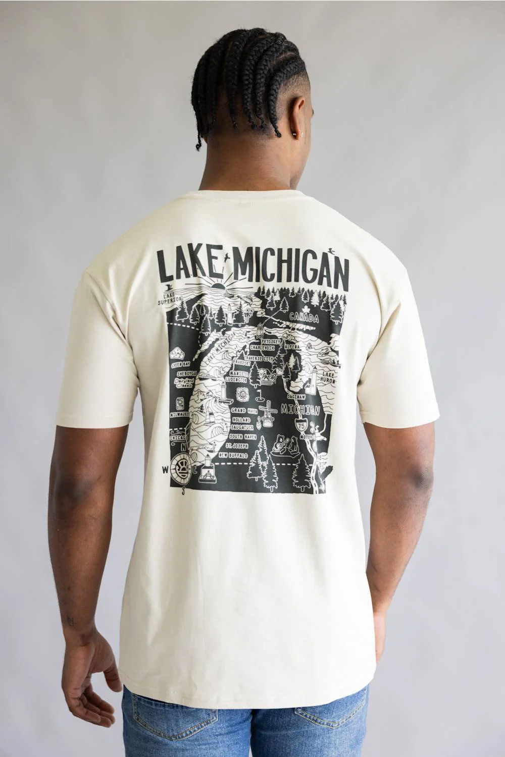 Distant Local Michigan Great Lakes Map T-Shirt in Bone | 1082-BONE-MI - Image 3