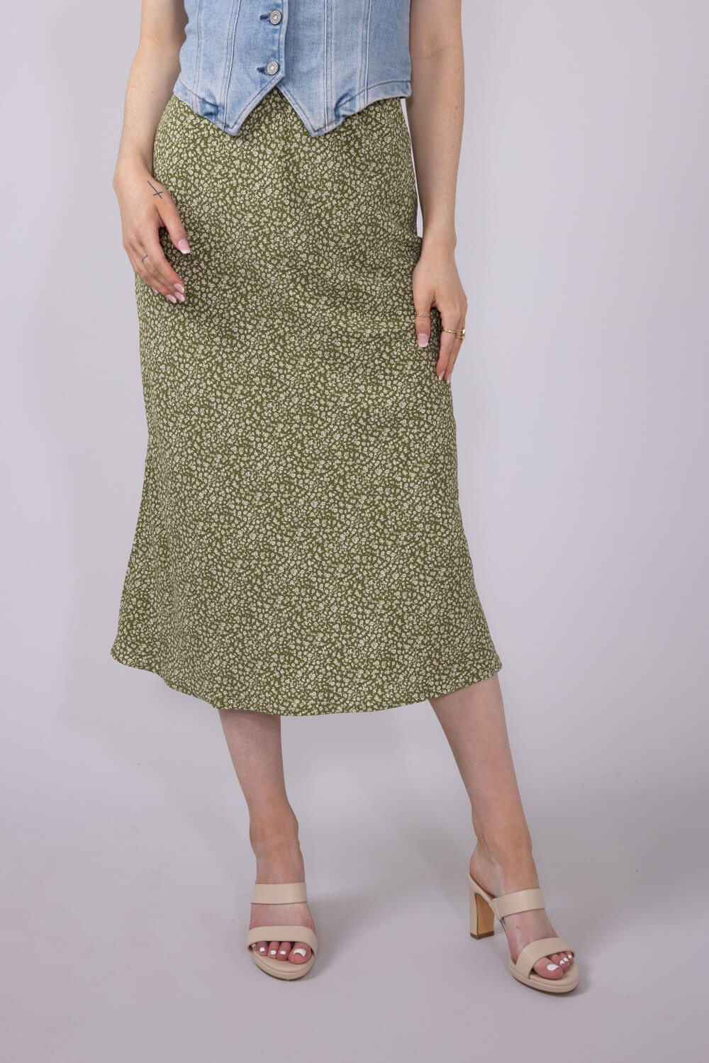Be Cool Ditsy Floral Midi Skirt for Women in Avocado | 71063-AVOCADO - Image 4