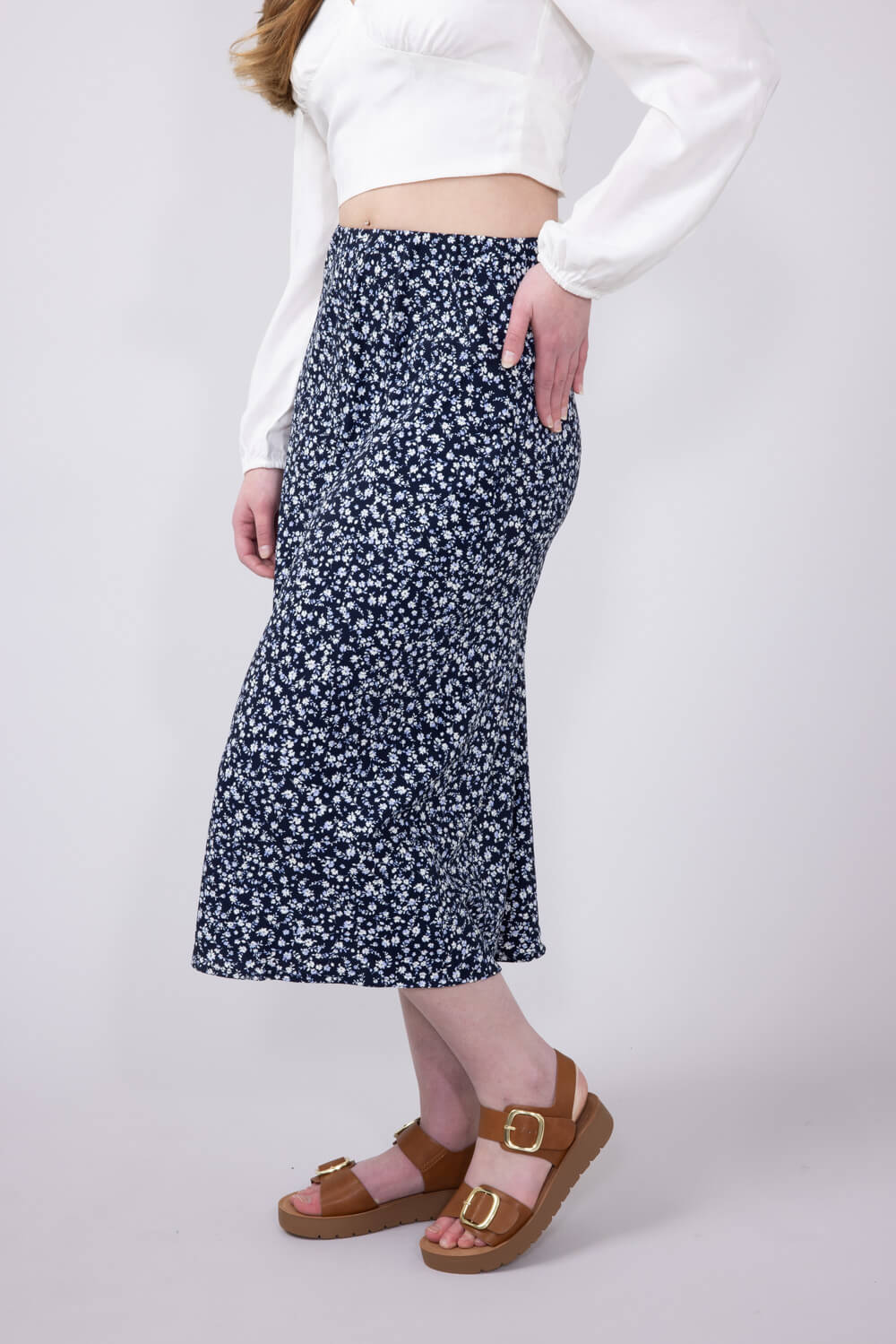 Be Cool Ditsy Floral Midi Skirt for Women in Navy | 71063-NAVY - Image 3