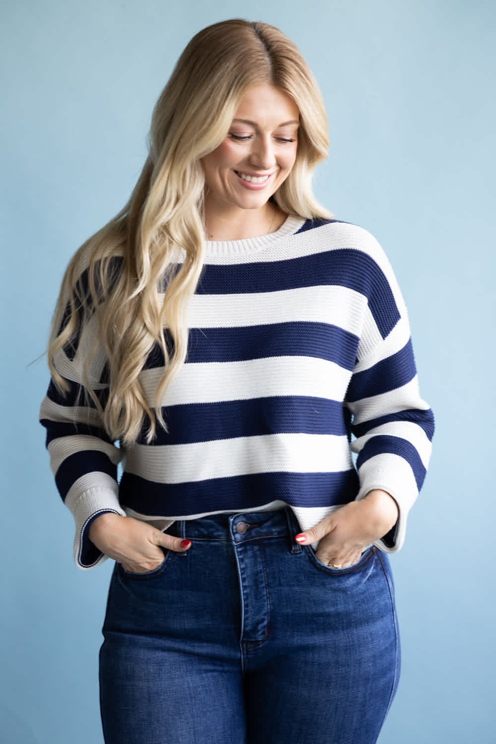 Drop Shoulder Striped Sweater for Women in Navy | BL1886-NVY