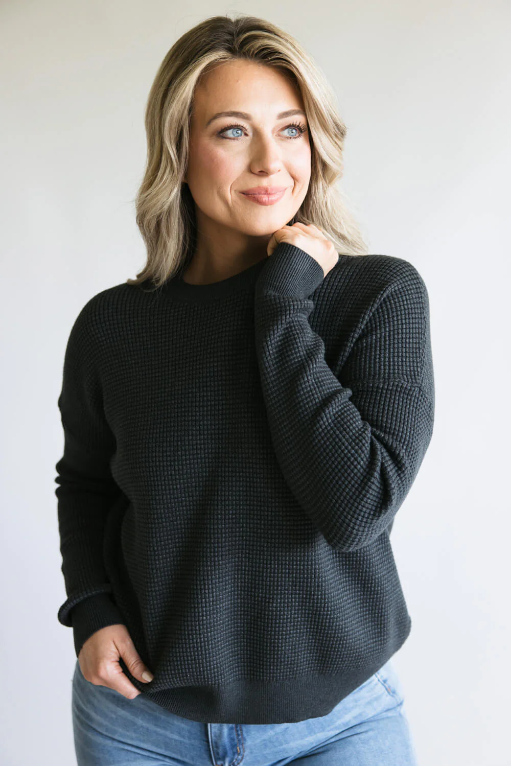 Drop Shoulder Waffle Knit Sweater for Women